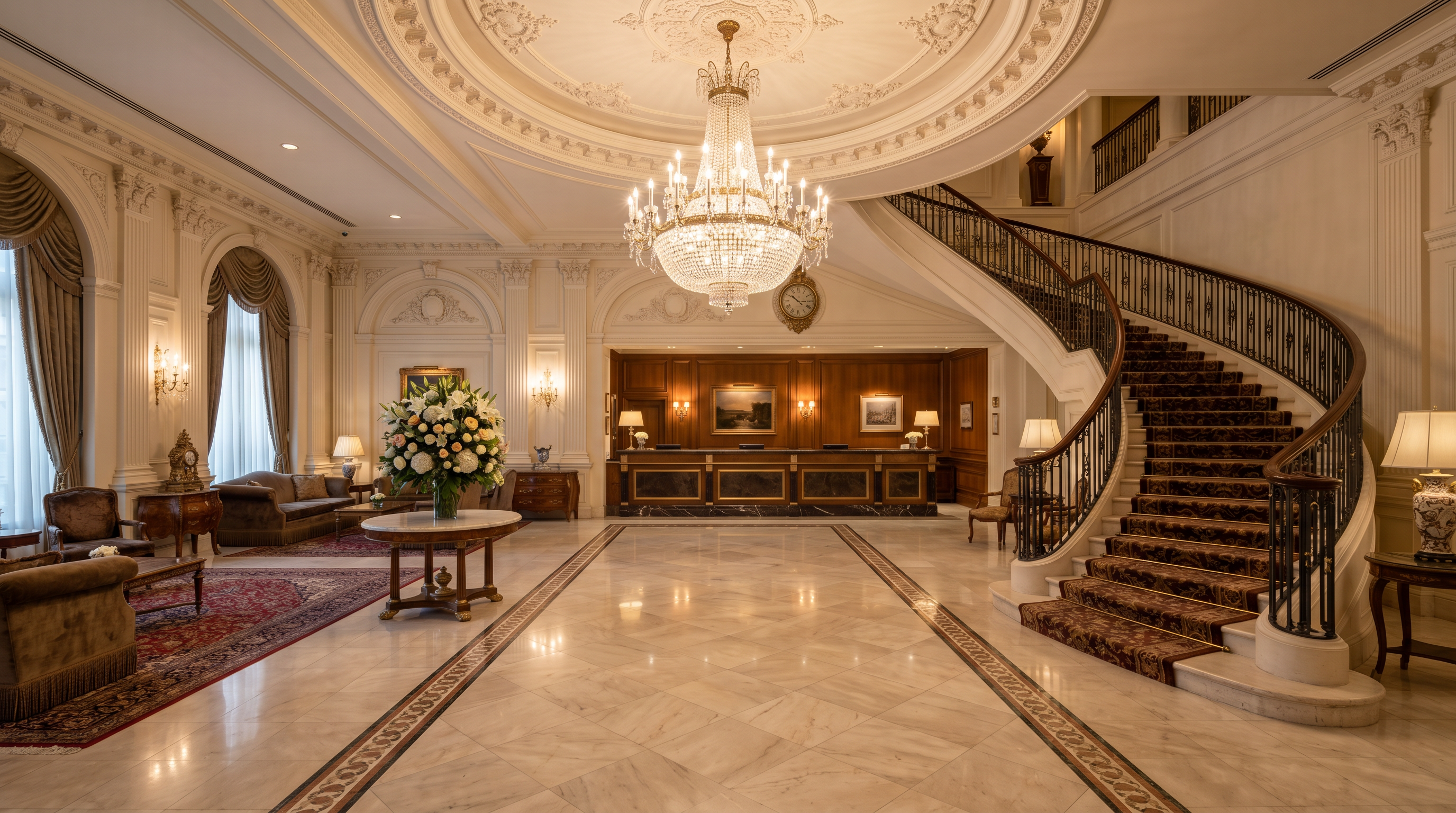 Elegant hotel lobby with marble floors and chandelier at UK Hotel Resort
